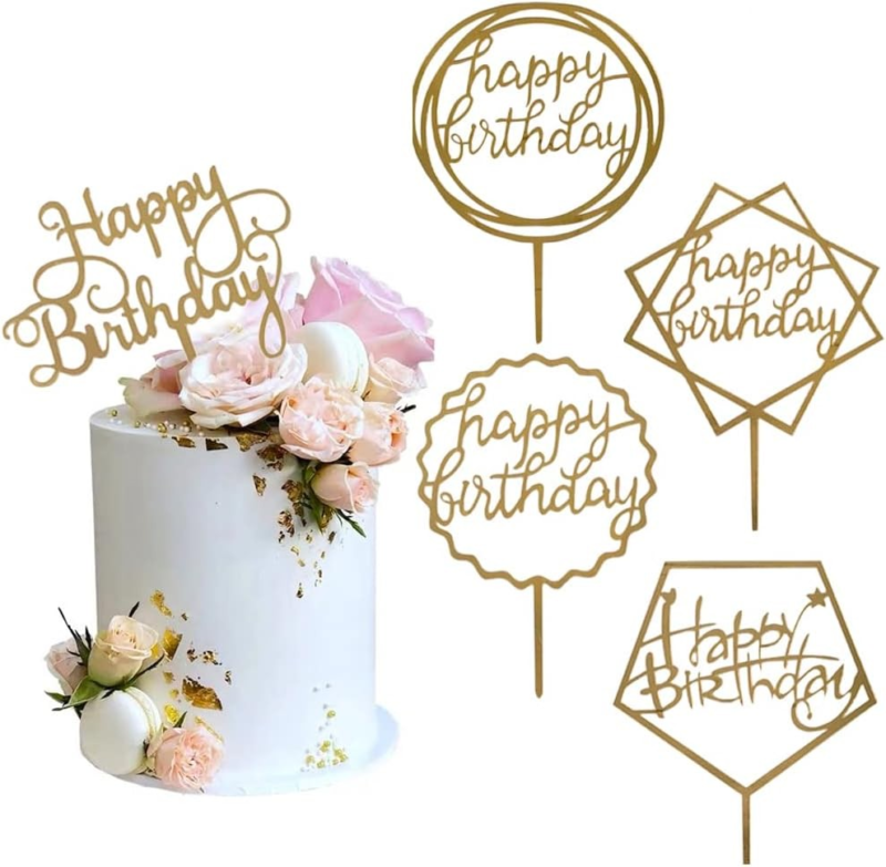 Gold Cake Topper Acrylic Happy Birthday Cake Decoration Supplies (5 Pieces)